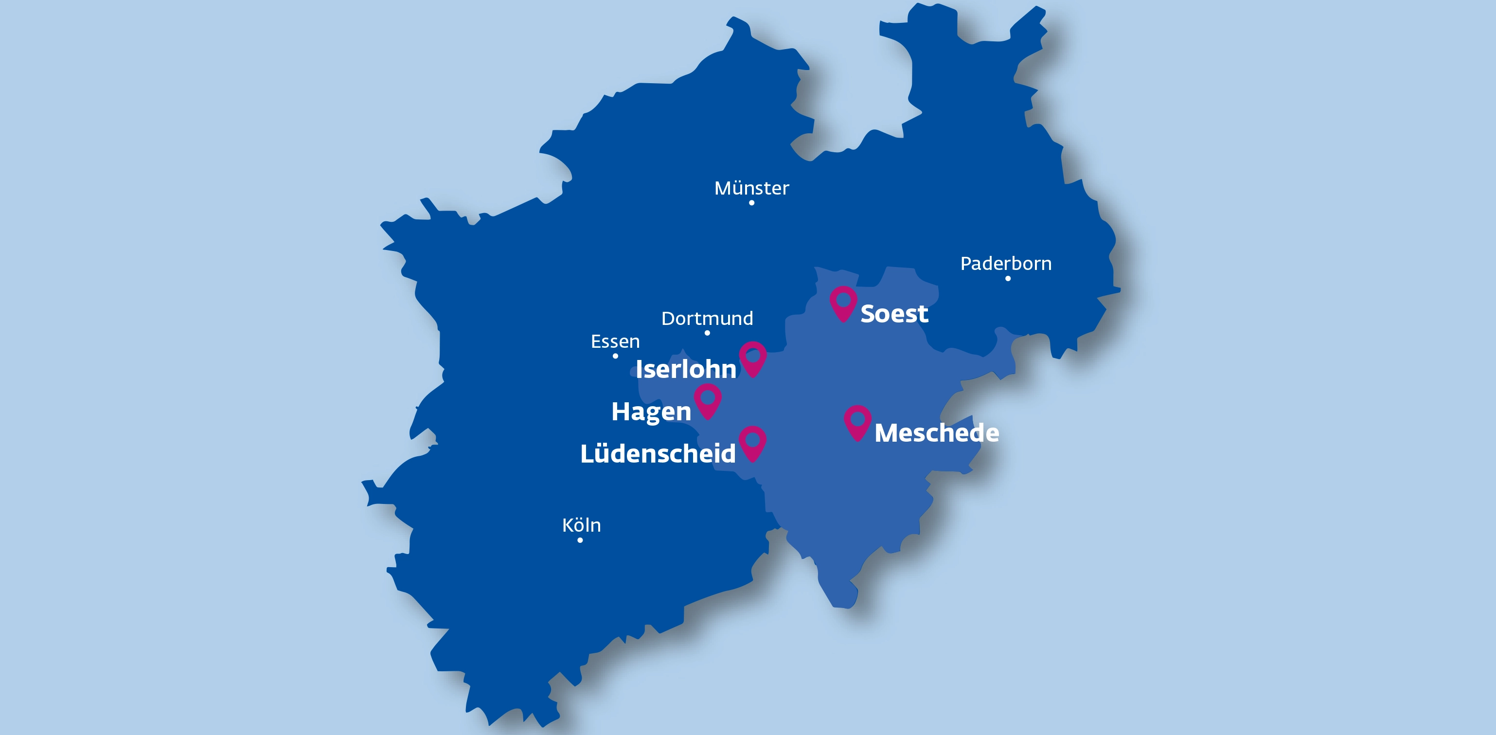 Kartenausschnitt mit Köln im Westen, Erfurt im Osten, Hannover im Norden und Frankfurt im Süden, dazwischen sind die fünf Hochschule-Standorte Hagen, Iserlohn, Lüdenscheid, Meschede und Soest eingezeichnet.