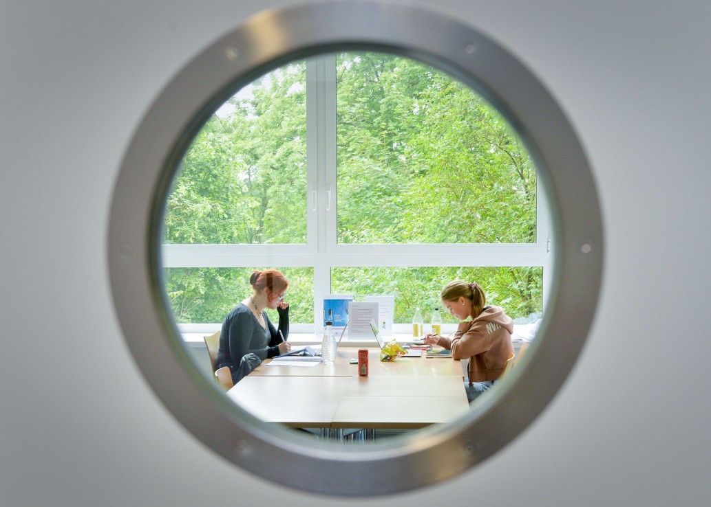 Foto durch ein rundes Fenster aufgenommen: Zwei junge Frauen sitzen sich an einem Tisch gegenüber und arbeiten konzentriert an Laptops. Auf dem Tisch zwischen ihnen stehen Getränke und Süßigkeiten. Hinter ihnen ist eine große Fensterfront mit vielen Laubbäumen dahinter.