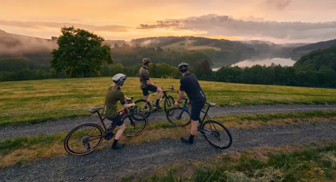 Drei Mountainbiker schauen auf den Hennesee