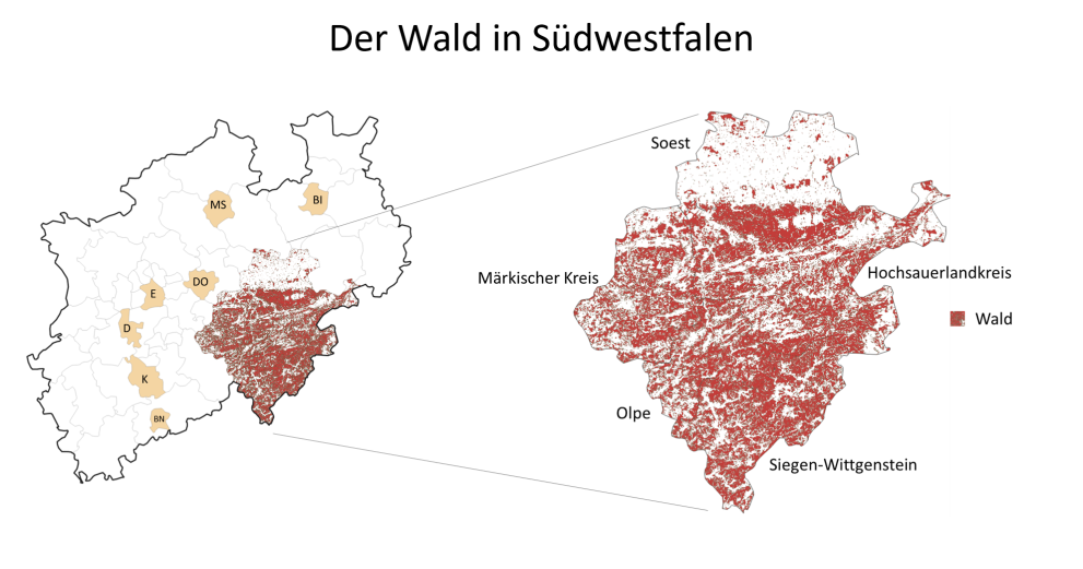 Karte von Nordrehin-Westfalen mit Hervorherbung von Südwestfalen und farblicher Kennzeichnung des Waldes von Soest bis Siegen-Wittgenstein und vom Märkischen Kreis bis zum Hochsauerlandkreis. 