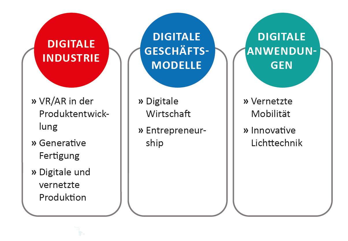 Die Grafik stellt die Themenfelder und zugehörigen Virtuellen Institute dar. Zum Themenfeld Digitale Industrie gehören die Virtuellen Institute VR/AR in der Produktentwicklung, Generative Fertigung sowie Digitale und vernetzte Produktion. Das Themenfeld Digitale Geschäftmodelle umfasst die Virtuellen Institute Digitale Wirtschaft sowie Entrepreneurship. Dem Themenfeld Digitale Anwendungen sind die Virtuellen Institute Vernetzte Mobilität sowie Innovative Lichttechnik zugeordnet.