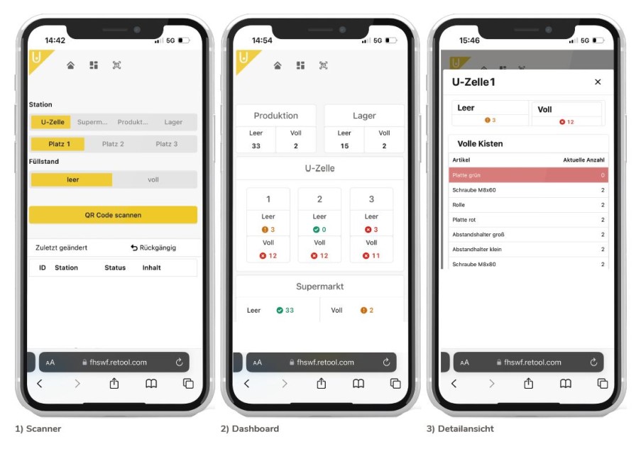 Drei unterschiedliche Screenshots aus einer Smartphone-App: Der erste Screenshot zeigt den Bereich 