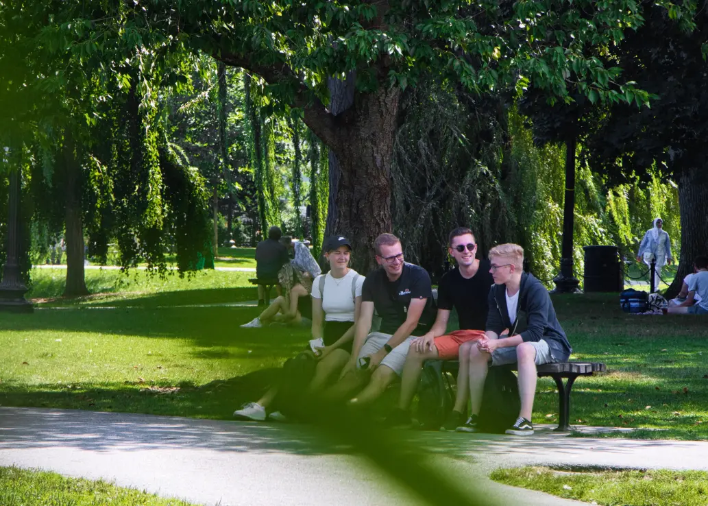 4 Männer im Park auf einer Bank
