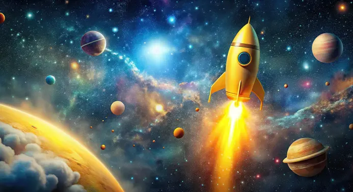 Illustration Rakete und Planeten