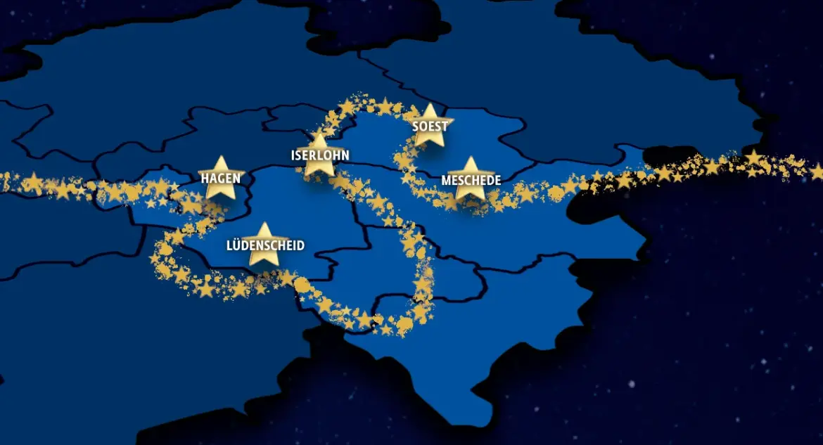 Weihnachtsmotiv: Linie aus Sternen verbindet die Standorte der FH auf einer Karte
