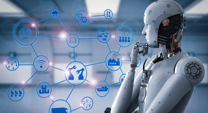 KI-generiertes Visual zum Campus-Day: Roboter vor Grafik