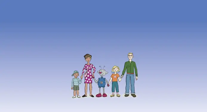 Zeichnung einer Familie, in der Mitte steht ein Roboter. Alle halten sich an den Händen.