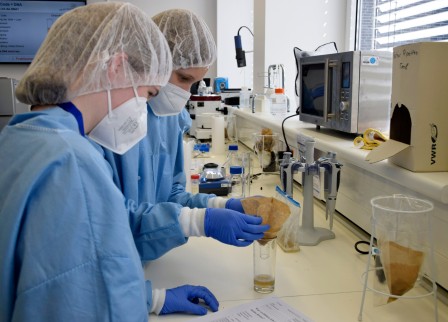Schülerinnen in Schutzkleidung analysieren Lebensmittel im Labor