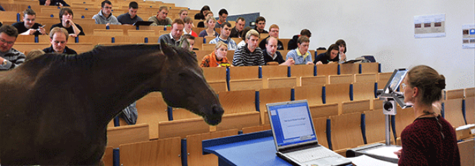 Ein Pferd im Hörsaal voller Studierender.