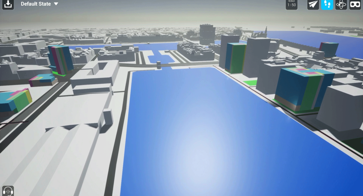 Sicht auf den Hafen von Antwerpen mit generierten 3D Gebäuden